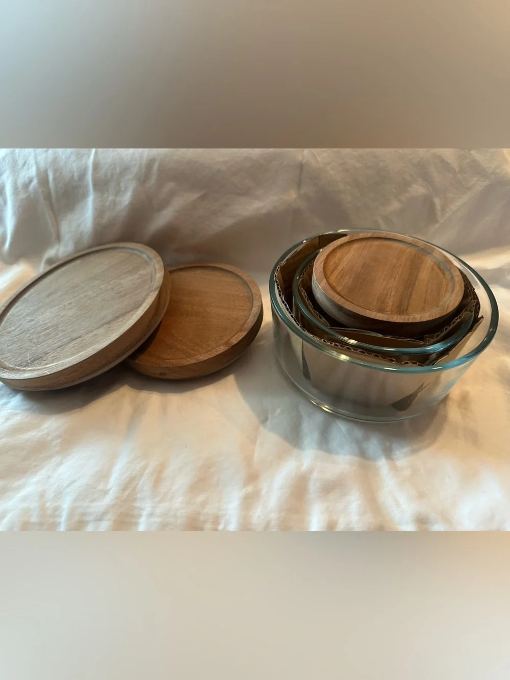 Short Stories NIB Glass Storage Bowl Set Acacia Wood Lids 3pc Boho
